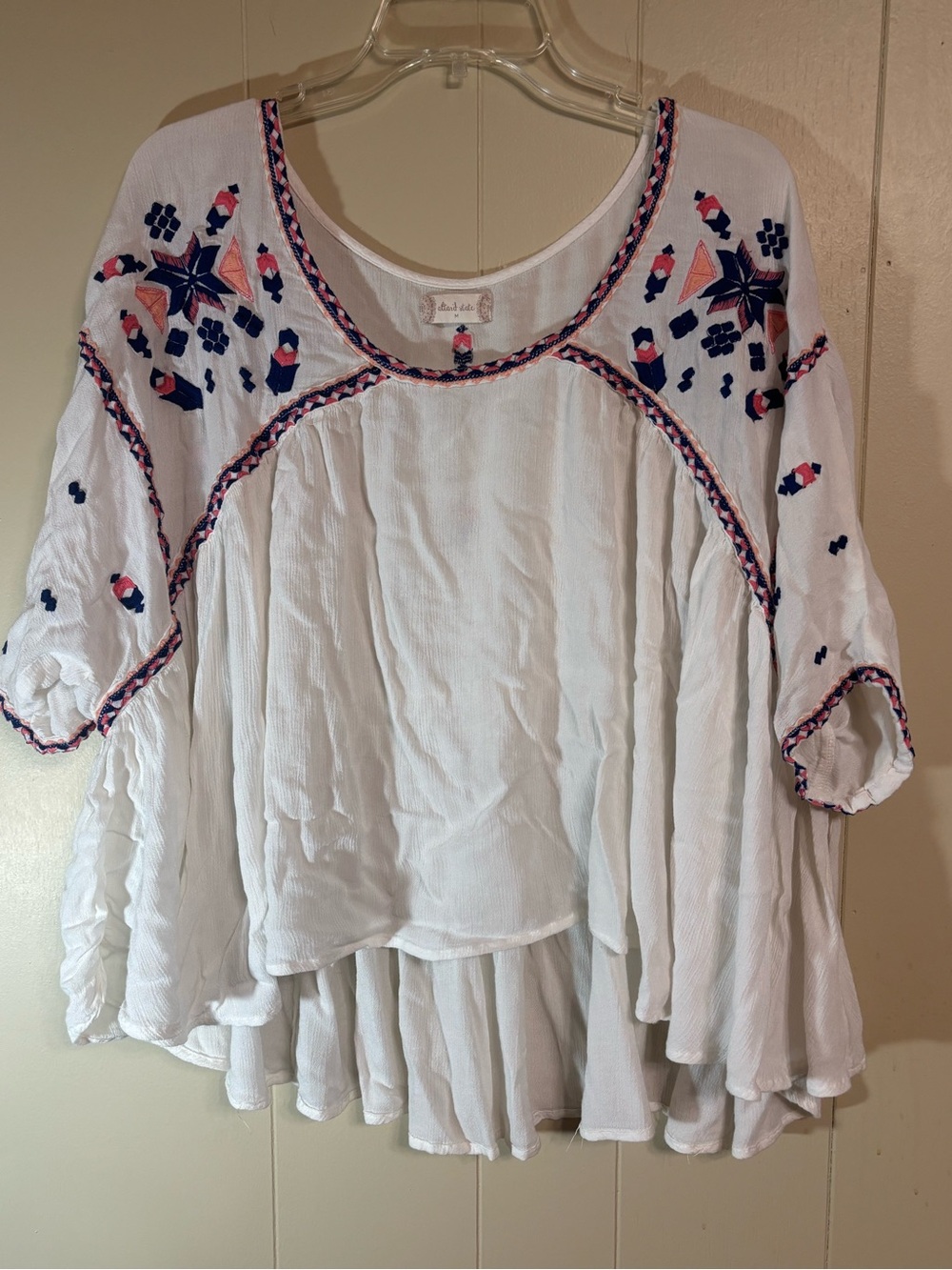 Altar'd State White Peasant Tunic with Navy & Pink Embroidery